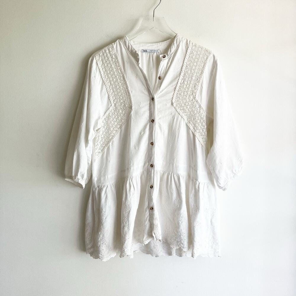 Zara Tunic Top XS Lace Eyelet White Drop Waist Button Front 3/4 Peasant Sleeve